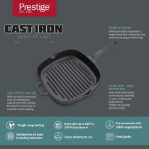 Prestige Cast Iron Grill 24 cm, Iron Grill Pan With Glass Lid With Handle Pre Seasoned Induction Cookware, Black, PR48886