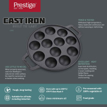 Prestige Cast Iron Appam Pan 26 cm, Duel Handle Appam Pan With Glass Lid With Pre Seasoned Induction Cookware, Black, PR48908