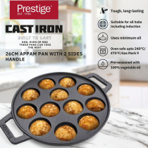 Prestige Cast Iron Appam Pan 26 cm, Duel Handle Appam Pan With Glass Lid With Pre Seasoned Induction Cookware, Black, PR48908