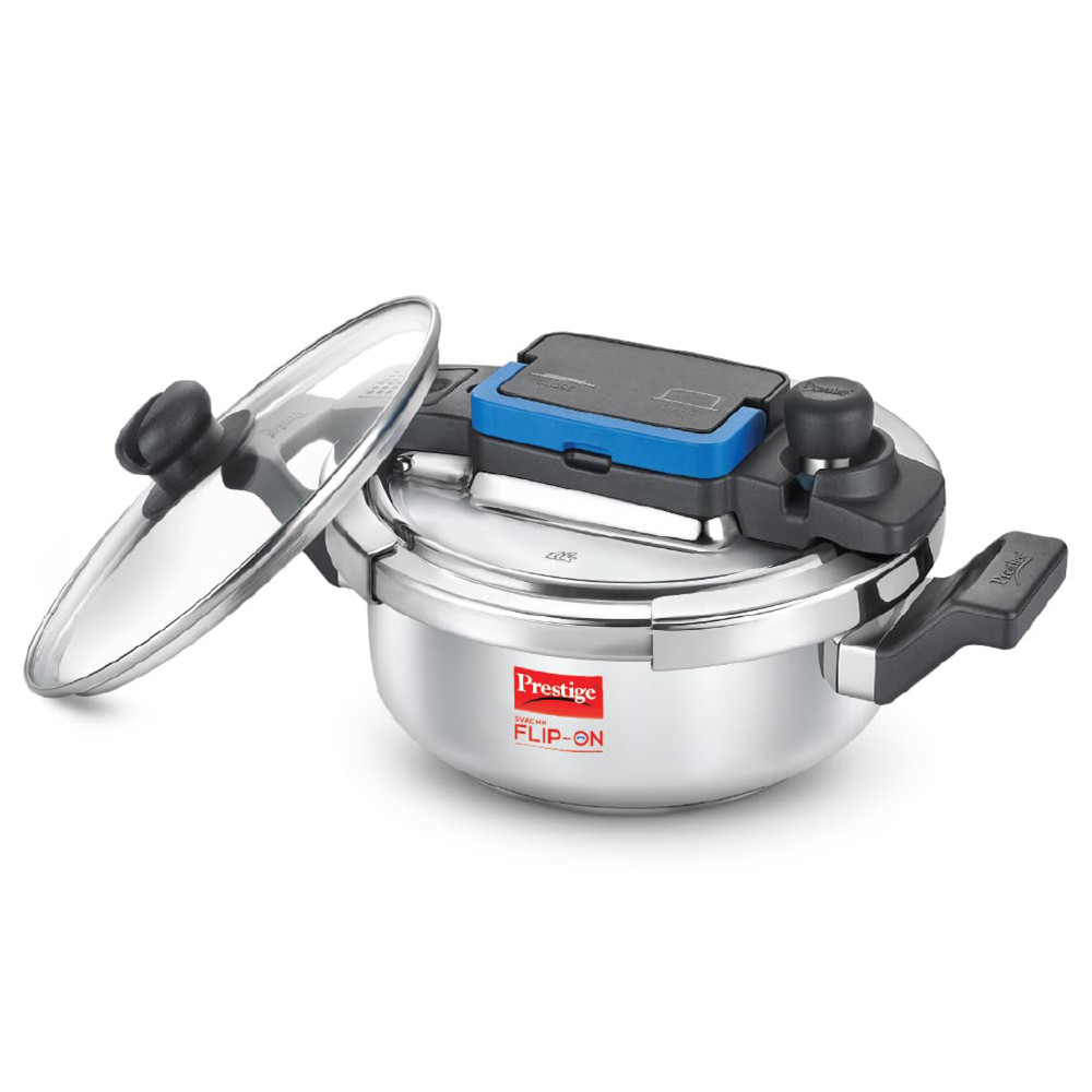 Prestige Svachh FLIP-ON Mini SS Pressure Cooker 18 cm-2 Litre, with Glass Lid Stainless Steel, Silver, MPF20164