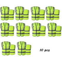 Yu Well Reflective Safety Vests High Visibility Breathable Day Night Warning Jacket With Zipper And 5 Pockets For Construction, Traffic, Cycling Safety Purpose, Pack Of 10