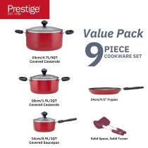 Prestige 9-Piece Non-Stick Cookware Set Pots and Pans Set for Kitchen Non-Stick Aluminium PR22430, RED