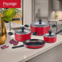 Prestige 9-Piece Non-Stick Cookware Set Pots and Pans Set for Kitchen Non-Stick Aluminium PR22430, RED