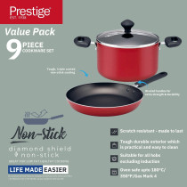 Prestige 9-Piece Non-Stick Cookware Set Pots and Pans Set for Kitchen Non-Stick Aluminium PR22430, RED