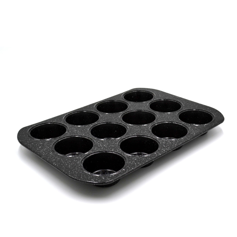 Prestige Granite Deep Muffin Tray Non-Stick 12-Cup Muffin Pans Tin - Carbon Steel Baking Tray for Cupcakes, Black, PR48754