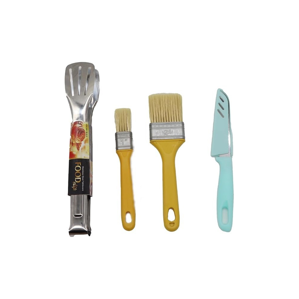 Yu Well Barbecue Kit 4 Pack, Brushed Stainless Steel Tongs And 2 Brushes With Soft Grip Handles, Barbeque Grill Accessories And Cooking Utensils Set