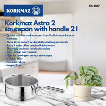 Korkmaz Astra Saucepan, 16 cm Size, 2 Liter Capacity, Silver, KA2047