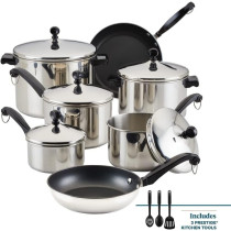 Farberware Classic Stainless Steel Cookware Pots and Pans Set, 15-Piece Cooking Set, FB50049, Silver