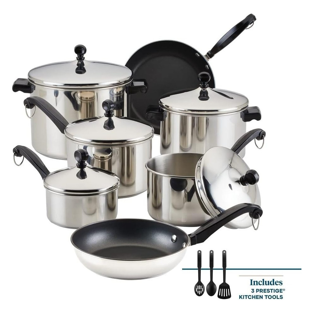 Farberware Classic Stainless Steel Cookware Pots and Pans Set, 15-Piece Cooking Set, FB50049, Silver