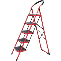 Yu Well Folding Heavy Duty Steel Ladder 150 Kg Capacity, Rubber Pad Multi-Purpose Portable Ladder For Home, Kitchen, Garden, Office, Warehouse, Red, 5 Step