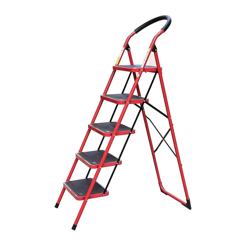 Yu Well Folding Heavy Duty Steel Ladder 150 Kg Capacity, Rubber Pad Multi-Purpose Portable Ladder For Home, Kitchen, Garden, Office, Warehouse, Red, 5 Step