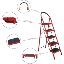 Yu Well Folding Heavy Duty Steel Ladder 150 Kg Capacity, Rubber Pad Multi-Purpose Portable Ladder For Home, Kitchen, Garden, Office, Warehouse, Red, 5 Step