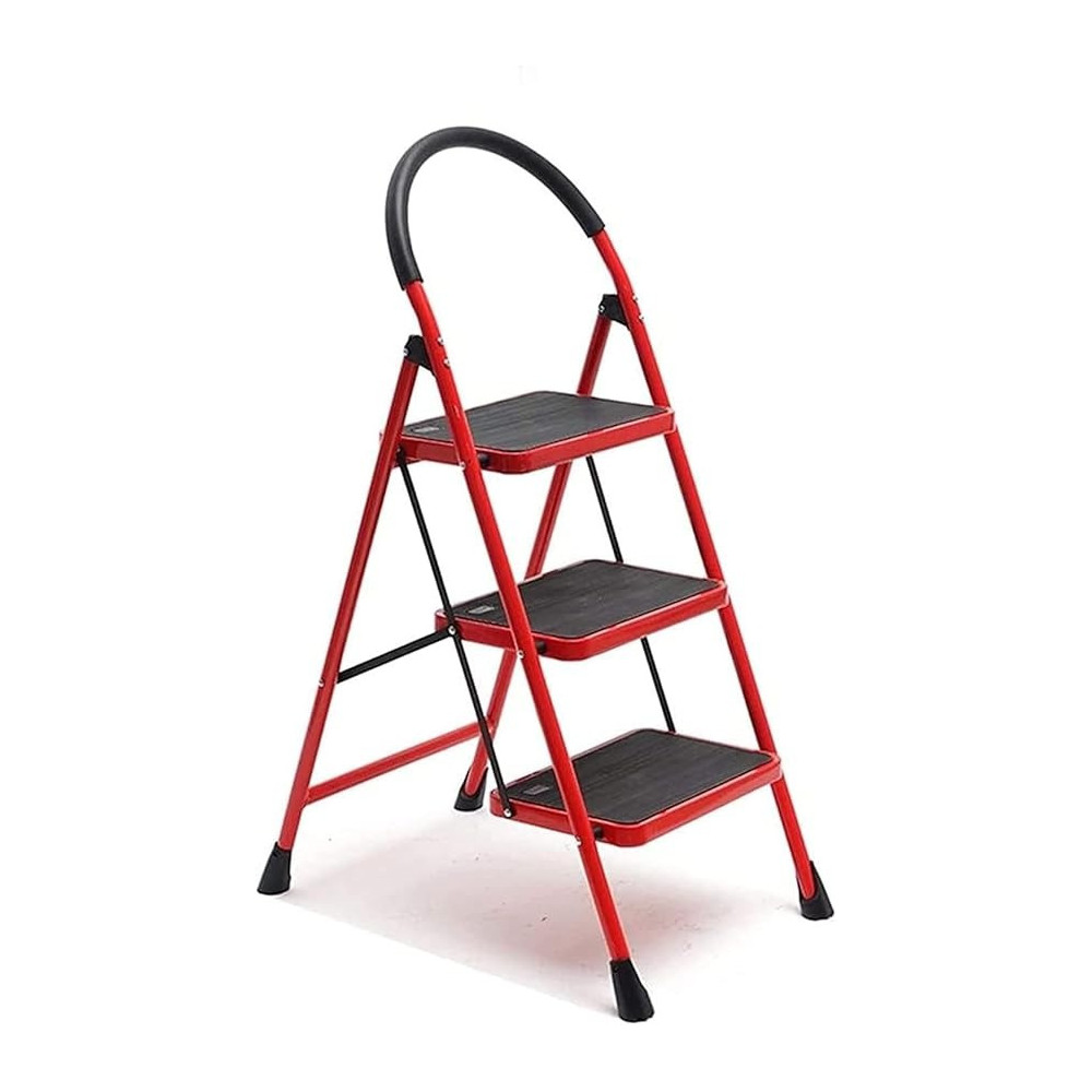 Yu Well Folding Heavy Duty Steel Ladder 150 Kg Capacity, Rubber Pad Multi-Purpose Portable Ladder For Home, Kitchen, Garden, Office, Warehouse, Red, 3 Step