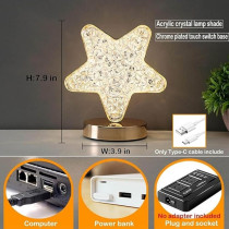 Yu Well Crystal Table Lamp Smart Touch 3 Color Changing Desk Lamp For Ramadan Christmas Festival Home Decoration, Star
