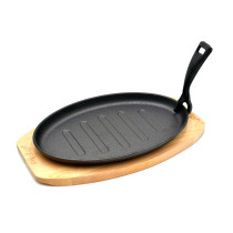 Prestige Pre-Seasoned Cast Iron Sizzler Pan 26cm, Sizzling Steak Plate with Wooden Base Premium and Durable Cast Iron Griddle, Black, PR50205