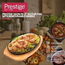 Prestige Pre-Seasoned Cast Iron Sizzler Pan 26cm, Sizzling Steak Plate with Wooden Base Premium and Durable Cast Iron Griddle, Black, PR50205