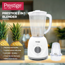Prestige 2 in 1 Stand Blender 1.5 Ltr 400W, Blender with Grinder Mills Stainless Steel Blades and Two Pulse Control for Fine and Grinding of Coffee Herbs, White, PR81529