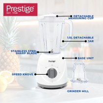 Prestige 2 in 1 Stand Blender 1.5 Ltr 400W, Blender with Grinder Mills Stainless Steel Blades and Two Pulse Control for Fine and Grinding of Coffee Herbs, White, PR81529