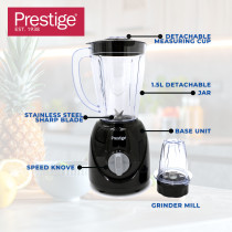 Prestige 2 in 1 Stand Blender 1.5 Ltr 400W, Blender with Grinder Mills Stainless Steel Blades and Two Pulse Control for Fine and Grinding of Coffee Herbs, Black, PR81530