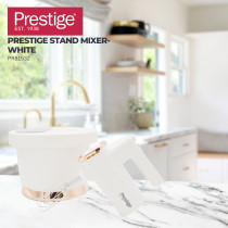 Prestige Stand Mixer with Spillage Proof Bowl Lid 300W, Quick Mixer with Plastic Bowl Viewing Egg Beater Hand and Stand Mixer bowl Combo, White, PR81532