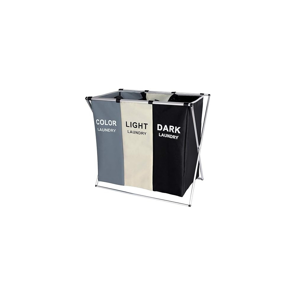 Yu Well Large Laundry Basket Bags Foldable, Laundry Hamper Portable Dirty Clothes Bag Sorter With Handle, Large Capacity Fabric Washing Storage Baskets For Bathroom Bedroom Home, Black-Grey, 3 Pocket