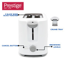 Prestige Toaster 2 Slice Bread Toaster Machine with 7 Settings Adjustable Browning Control Cancel Function Removable Crumb Tray Automatic Pop Up, 700w, White, PR81533