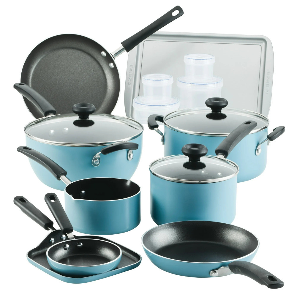 Farberware Cookstart Pots and Pans Set 20-Piece, Nonstick Cookware Set, Aqua, FB22082