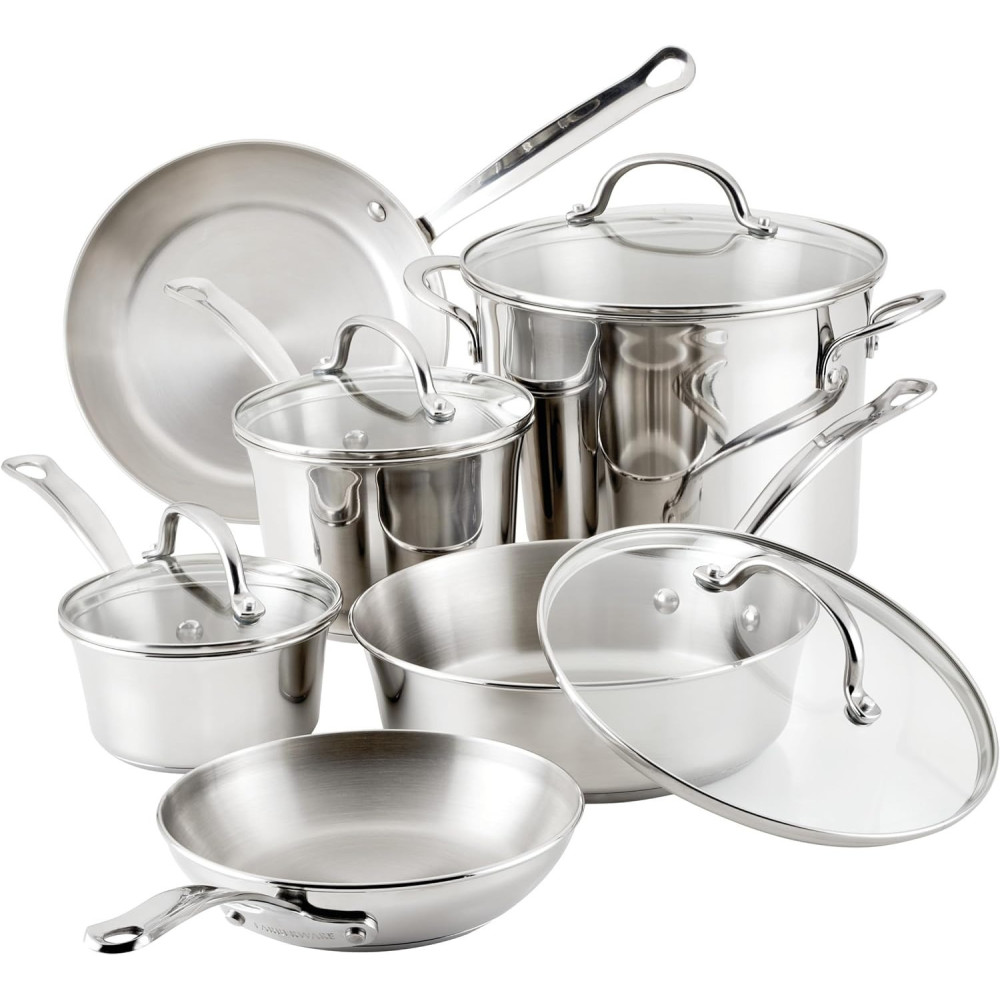 Farberware Millennium Stainless Steel Cookware Pots and Pans Set Nonstick Cookware Set 10 Piece, Silver, FB75653