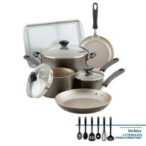 Farberware Cookstart Diamond Max Nonstick Cookware Pots and Pans Set with Glass Lids, Non-Stick Cookware Set 15 Piece, Pewter, FB22293