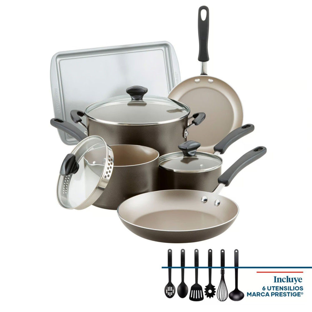 Farberware Cookstart Diamond Max Nonstick Cookware Pots and Pans Set with Glass Lids, Non-Stick Cookware Set 15 Piece, Pewter, FB22293