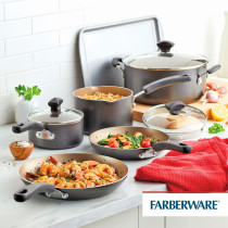 Farberware Cookstart Diamond Max Nonstick Cookware Pots and Pans Set with Glass Lids, Non-Stick Cookware Set 15 Piece, Pewter, FB22293
