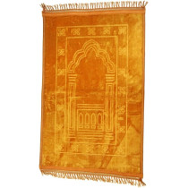 Yu Well Embossed Prayer Mat Anti-Slip Padded Velvet Top Prayer Rug For Men Women And Children, Golden-II, Large Size, 110 x 70 cm,
