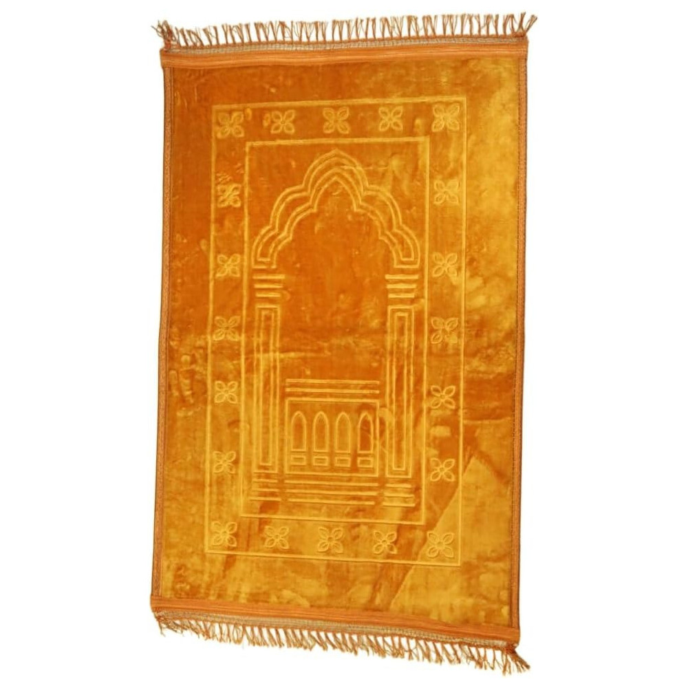 Yu Well Embossed Prayer Mat Anti-Slip Padded Velvet Top Prayer Rug For Men Women And Children, Golden-II, Large Size, 110 x 70 cm,