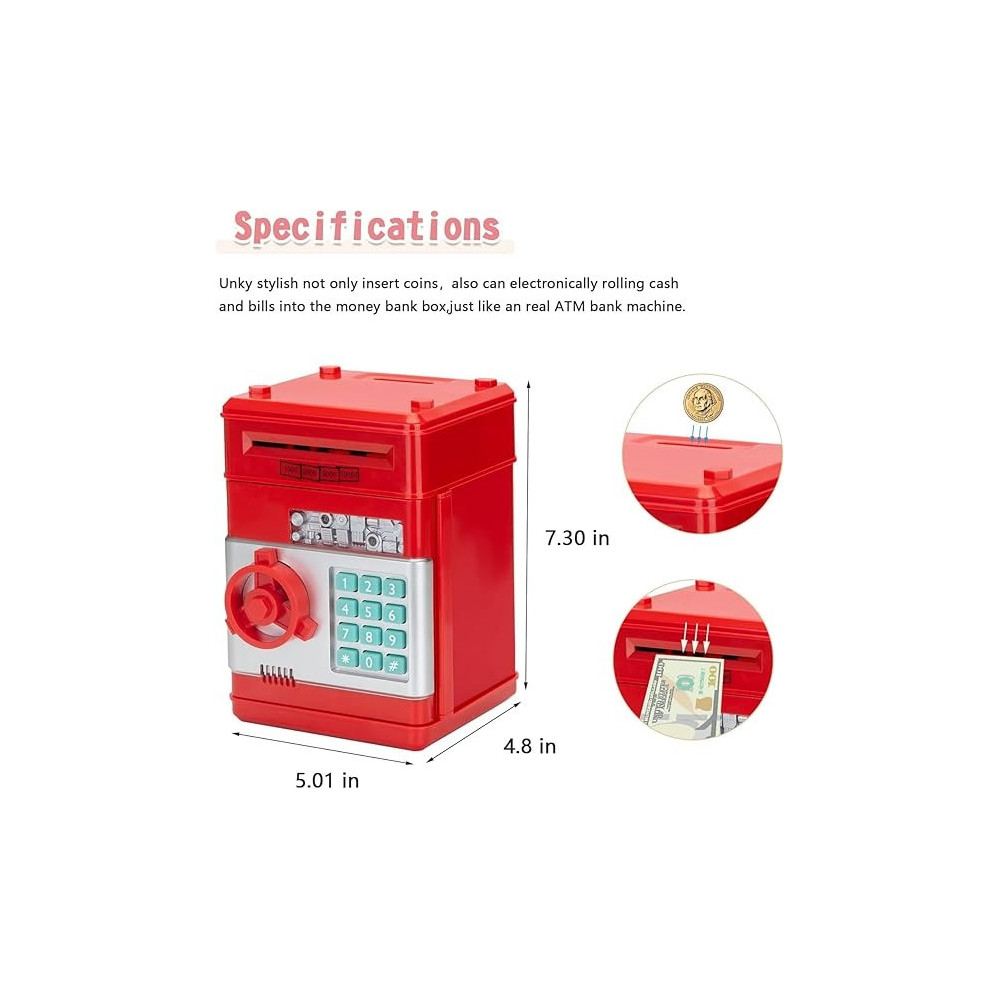 Yu Well Electronic Piggy Bank Toy For Kids Mini Atm With Password Protection, Automatic Paper Money Scroll Saving Box, Red