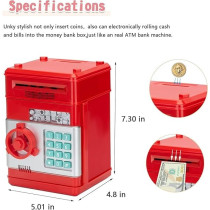 Yu Well Electronic Piggy Bank Toy For Kids Mini Atm With Password Protection, Automatic Paper Money Scroll Saving Box, Red