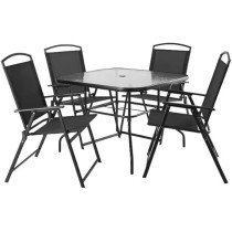 Yu Well Outdoor Coffee Garden Table Tempered, Water Ripple Glass For Garden Backyard Porch Deck, Black, 4 Chair And Table Set