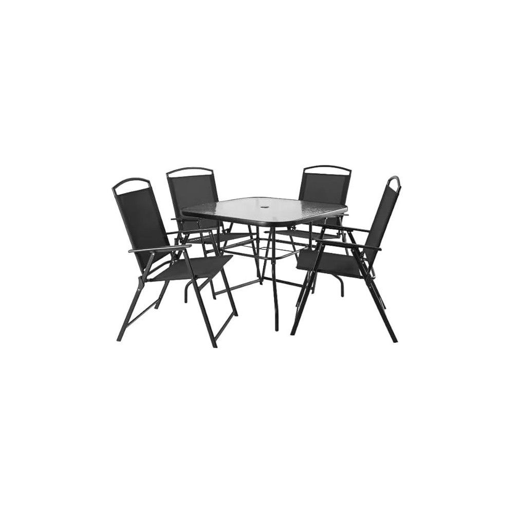 Yu Well Outdoor Coffee Garden Table Tempered, Water Ripple Glass For Garden Backyard Porch Deck, Black, 4 Chair And Table Set