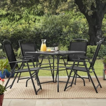 Yu Well Outdoor Coffee Garden Table Tempered, Water Ripple Glass For Garden Backyard Porch Deck, Black, 4 Chair And Table Set