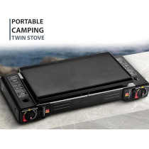 Yu Well Portable Camping Stove With Carrying Case For Cooking, Picnics, Hiking, BBQ Grilling, Stainless Steel, Dual Burner With Grill Plate