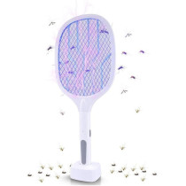 Yu Well Electric Fly Swatter, 3000V USB Rechargeable Fly Killer Bug Zapper Racket With Charging Base, Home And Outdoor Mosquito Killer With LED Light For Mosquitoes, Flies, Bees, Moths, White