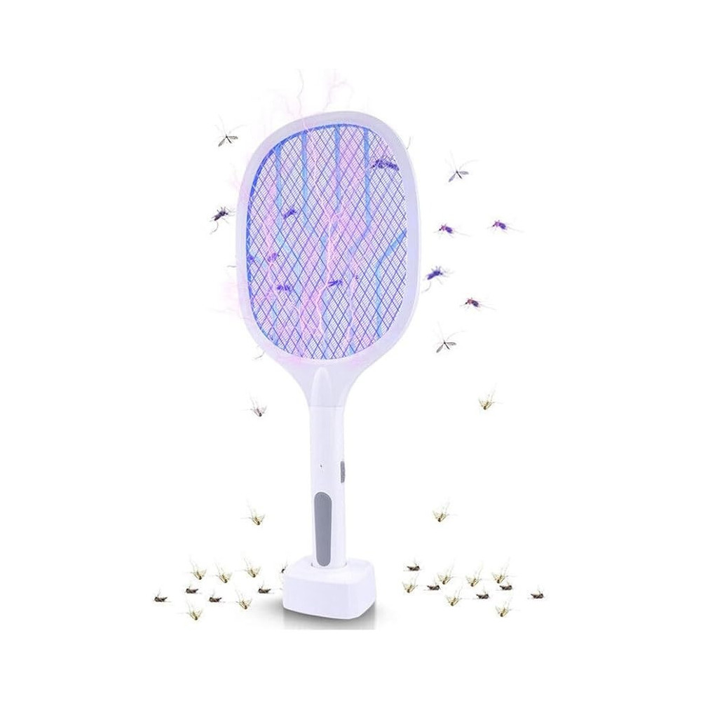 Yu Well Electric Fly Swatter, 3000V USB Rechargeable Fly Killer Bug Zapper Racket With Charging Base, Home And Outdoor Mosquito Killer With LED Light For Mosquitoes, Flies, Bees, Moths, White