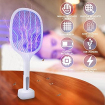 Yu Well Electric Fly Swatter, 3000V USB Rechargeable Fly Killer Bug Zapper Racket With Charging Base, Home And Outdoor Mosquito Killer With LED Light For Mosquitoes, Flies, Bees, Moths, White