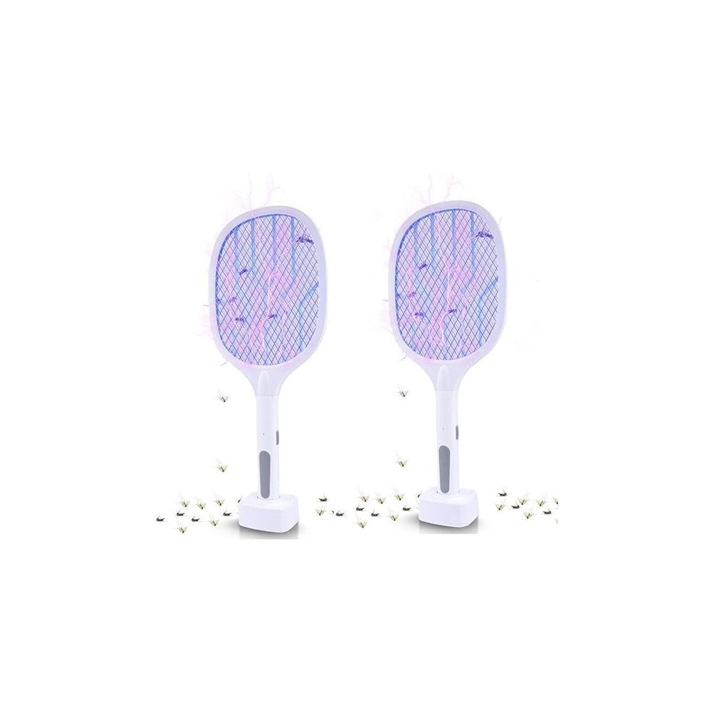 Yu Well Electric Fly Swatter, 3000V USB Rechargeable Fly Killer Bug Zapper Racket With Charging Base, Home And Outdoor Mosquito Killer With LED Light For Mosquitoes, Flies, Bees, Moths, White, 2 Pcs