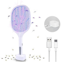 Yu Well Electric Fly Swatter, 3000V USB Rechargeable Fly Killer Bug Zapper Racket With Charging Base, Home And Outdoor Mosquito Killer With LED Light For Mosquitoes, Flies, Bees, Moths, White, 2 Pcs