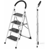 Yu Well Folding Heavy Duty Steel Ladder 150 Kg Capacity, Rubber Pad Multi-Purpose Portable Ladder For Home, Kitchen, Garden, Office, Warehouse, 4 Step, White/Black