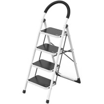 Yu Well Folding Heavy Duty Steel Ladder 150 Kg Capacity, Rubber Pad Multi-Purpose Portable Ladder For Home, Kitchen, Garden, Office, Warehouse, 4 Step, White/Black