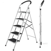 Yu Well Folding Heavy Duty Steel Ladder 150 Kg Capacity, Rubber Pad Multi-Purpose Portable Ladder For Home, Kitchen, Garden, Office, Warehouse, 5 Step, White/Black