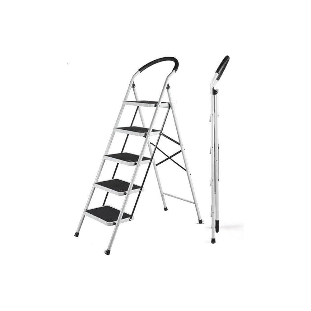 Yu Well Folding Heavy Duty Steel Ladder 150 Kg Capacity, Rubber Pad Multi-Purpose Portable Ladder For Home, Kitchen, Garden, Office, Warehouse, 5 Step, White/Black