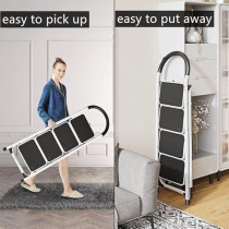 Yu Well Folding Heavy Duty Steel Ladder 150 Kg Capacity, Rubber Pad Multi-Purpose Portable Ladder For Home, Kitchen, Garden, Office, Warehouse, 5 Step, White/Black