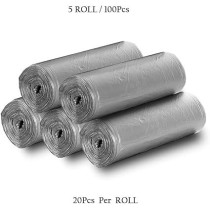 Yu Well Trash Bags Plastic Disposable Garbage Bags With Handles For Office, Kitchen, Bedroom Waste Portable Rubbish Bags, Wastebasket Bags, Silver, 5 Roll, 100 Pcs, 45 x 50 cm